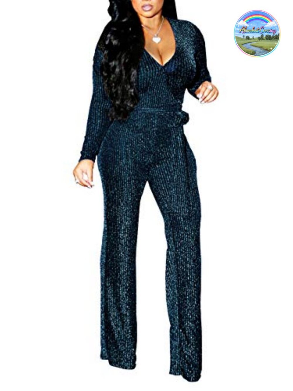 Sparkly Deep V-Neck Long Sleeve Wide-Leg Club Jumpsuit